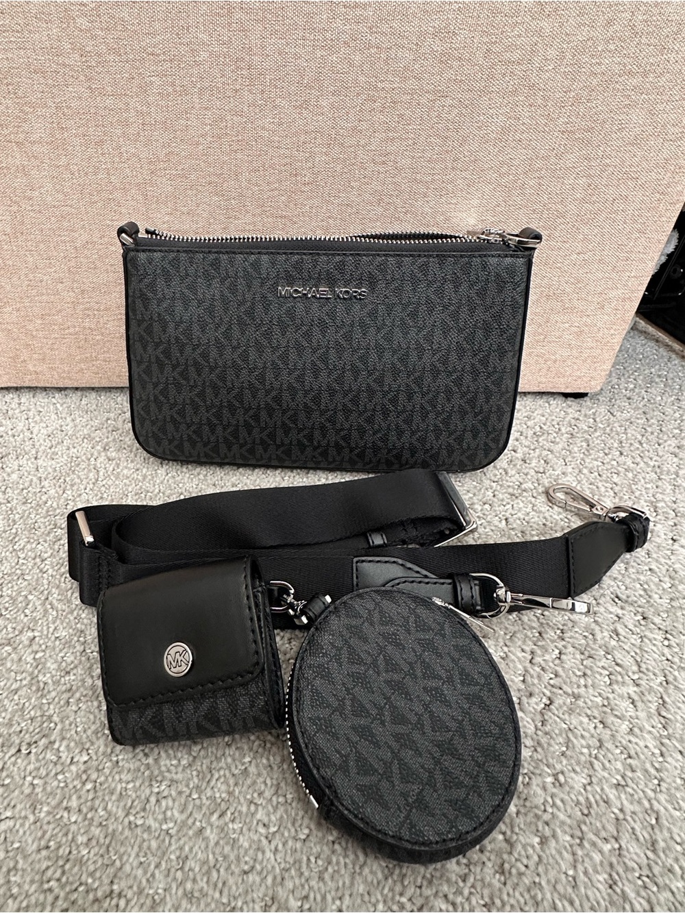 Michael Kors Black Signature Belt Bag Set with Coin Pouch & Strap